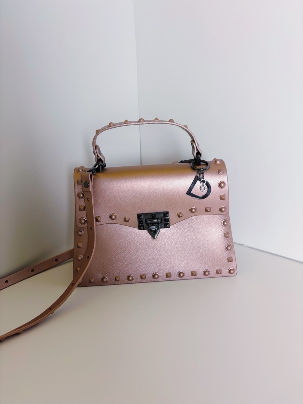 Studded Metallic Rose Rivet Crossbody Top Handel Faux Leather Unlined Handbag - Picture 2 of 9